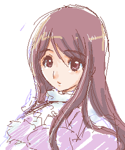 mutou mahiro, busou renkin, lowres, tagme, 00s, 1girl, brown eyes, brown hair, female focus, long hair, looking at viewer, parted lips, portrait, simple background, solo, white background