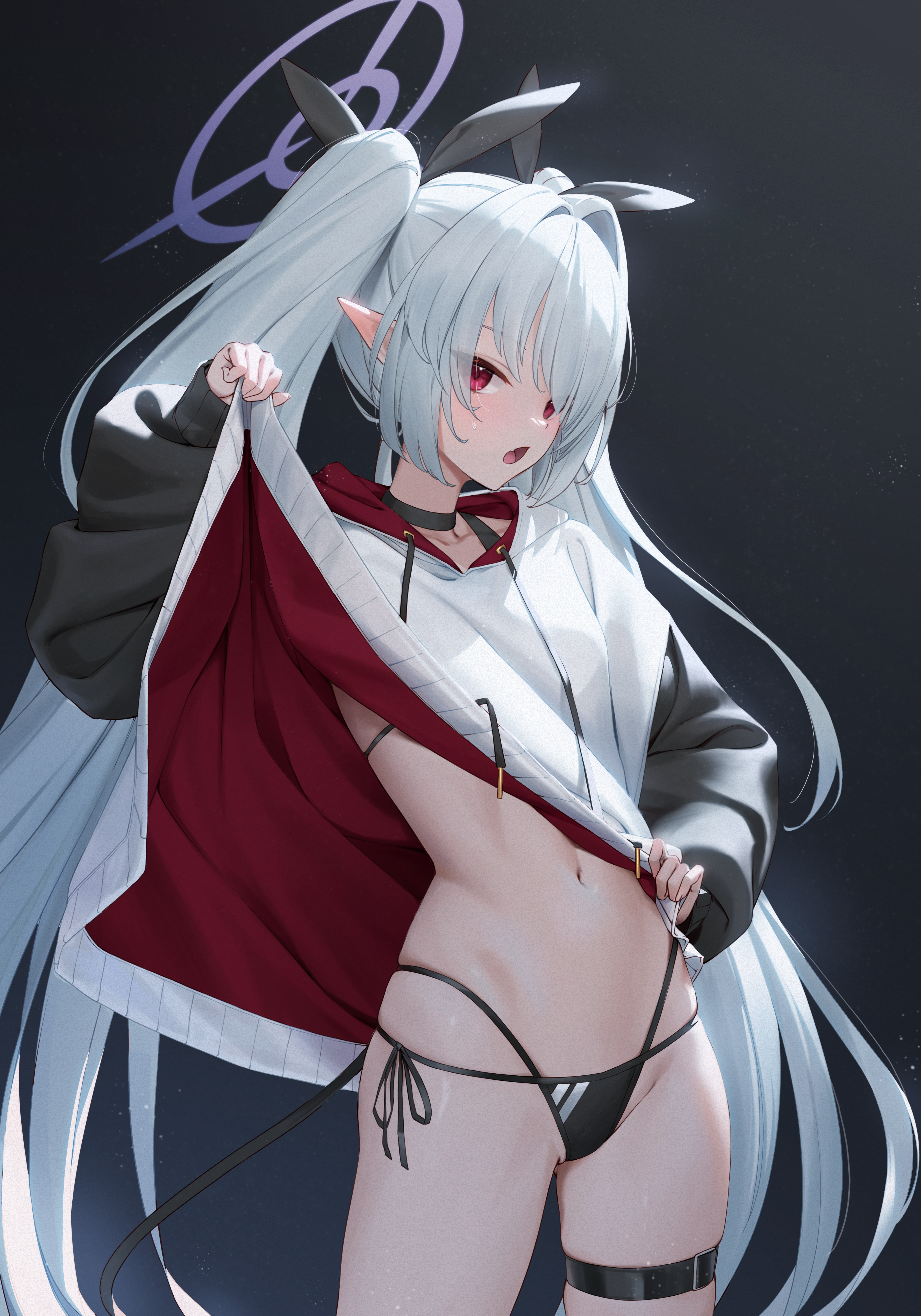 pjman, iori (blue archive), iori (swimsuit) (blue archive), blue archive, absurdres, commentary, highres, 1girl, belt, bikini, bikini under clothes, black bikini, black choker, choker, clothes lift, cowboy shot, dark-skinned female, dark skin, drawstring, fang, hair intakes, hair ornament, hair over one eye, hair ribbon, halo, hand on own hip, hood, hood down, hoodie, hoodie lift, lifting own clothes, long hair, long hoodie, long sleeves, looking at viewer, multi-strapped bikini bottom, navel, open mouth, pointy ears, puffy long sleeves, puffy sleeves, purple eyes, red eyes, ribbon, side-tie bikini bottom, skin fang, skindentation, solo, swimsuit, tail, thigh belt, thigh strap, thighs, twintails, very long hair, white hair, white hoodie