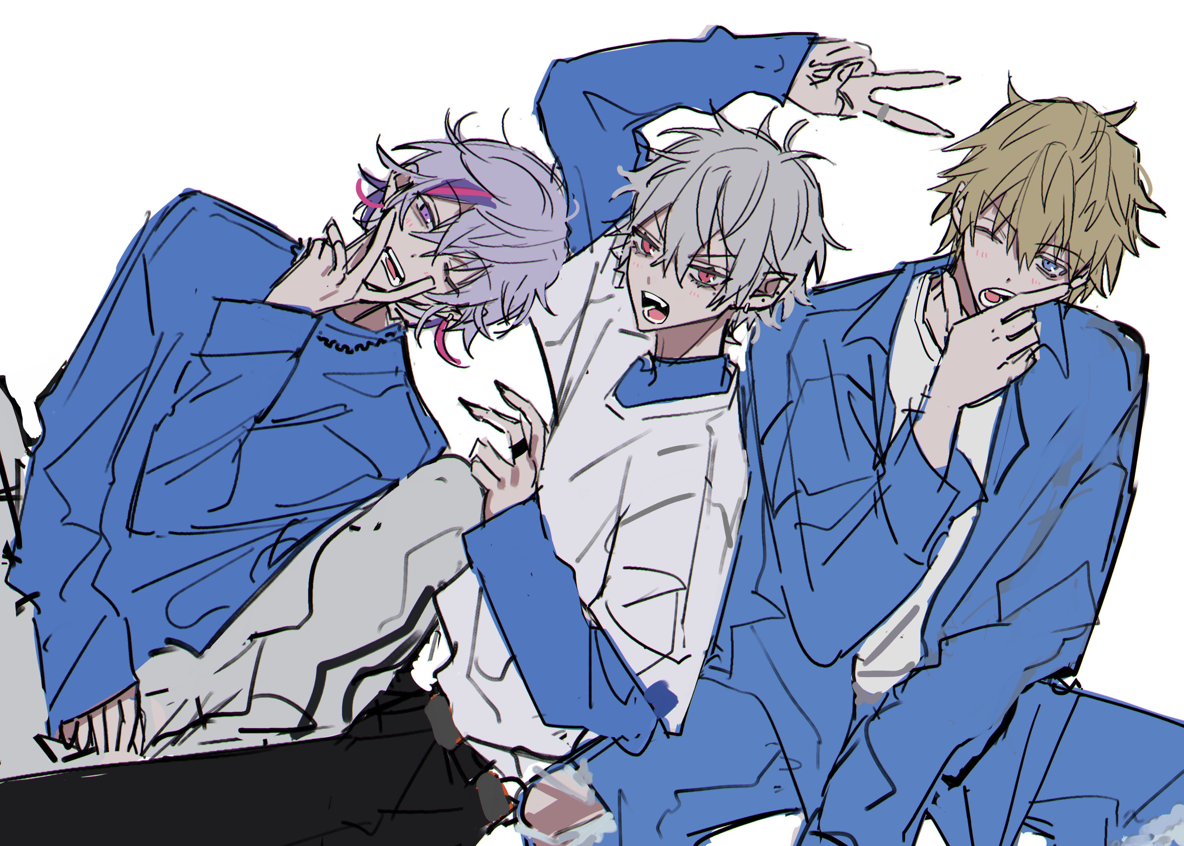 kesiks0616, kuzuha (nijisanji), nijisanji, absurdres, highres, 3boys, blonde hair, blue eyes, grey hair, hair between eyes, long sleeves, male focus, multicolored hair, multiple boys, one eye closed, open mouth, pants, pointy ears, purple hair, shirt, short hair, sketch, streaked hair, tongue, v, vampire, virtual youtuber, white background