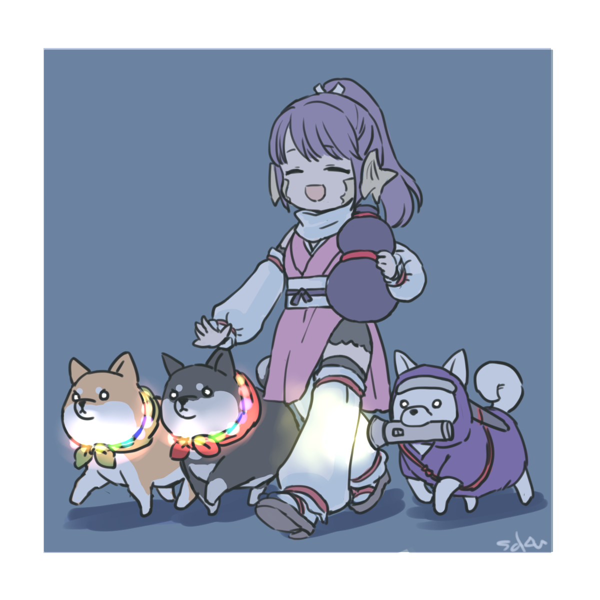 saku ff11, yozakura (ff14), final fantasy, final fantasy xiv, commentary request, highres, 1girl, :d, ^ ^, au ra, blue background, border, closed eyes, deformed, detached sleeves, dog, full body, gourd, holding, holding gourd, japanese clothes, long hair, open mouth, ponytail, purple hair, scales, smile, solo, walking, white border