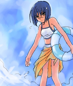 tsumura tokiko, busou renkin, lowres, 00s, blue hair, scar, swimsuit, yellow eyes