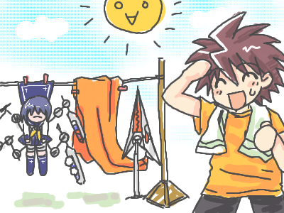 mutou kazuki, tsumura tokiko, busou renkin, lowres, 00s, blue hair, brown hair, scar, sunlight heart, valkyrie skirt, yellow eyes