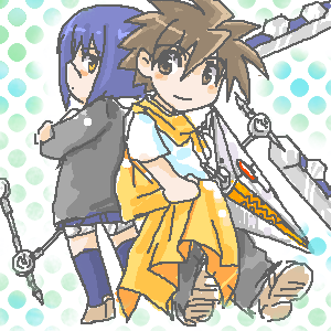 mutou kazuki, tsumura tokiko, busou renkin, lowres, 00s, blue hair, brown eyes, brown hair, scar, school uniform, serafuku, sunlight heart, valkyrie skirt, yellow eyes