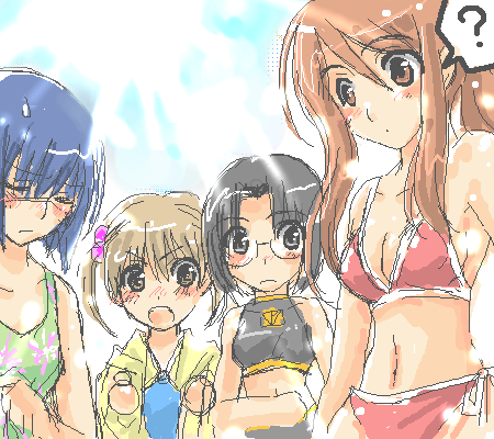 mutou mahiro, tsumura tokiko, busou renkin, lowres, tagme, 00s, blue hair, brown eyes, brown hair, scar, swimsuit