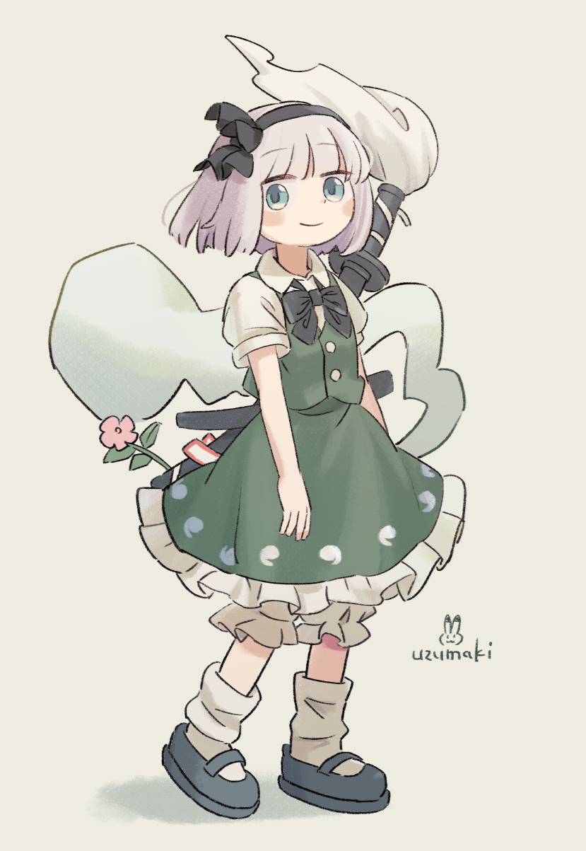 uzumaki osushi, konpaku youmu, konpaku youmu (ghost), touhou, commentary, highres, 1girl, black bow, black bowtie, black hairband, black shoes, bloomers, blue eyes, blunt bangs, blush stickers, bow, bow hairband, bowtie, closed mouth, collared shirt, flower, frilled skirt, frills, full body, green skirt, green vest, grey hair, hairband, katana, looking at viewer, sheath, shirt, shoes, short hair, short sleeves, signature, simple background, skirt, skirt set, smile, socks, solo, standing, sword, underwear, vest, weapon, white background, white bloomers, white shirt, white socks