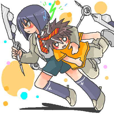 mutou kazuki, tsumura tokiko, busou renkin, lowres, 00s, blue hair, brown hair, scar, valkyrie skirt, yellow eyes