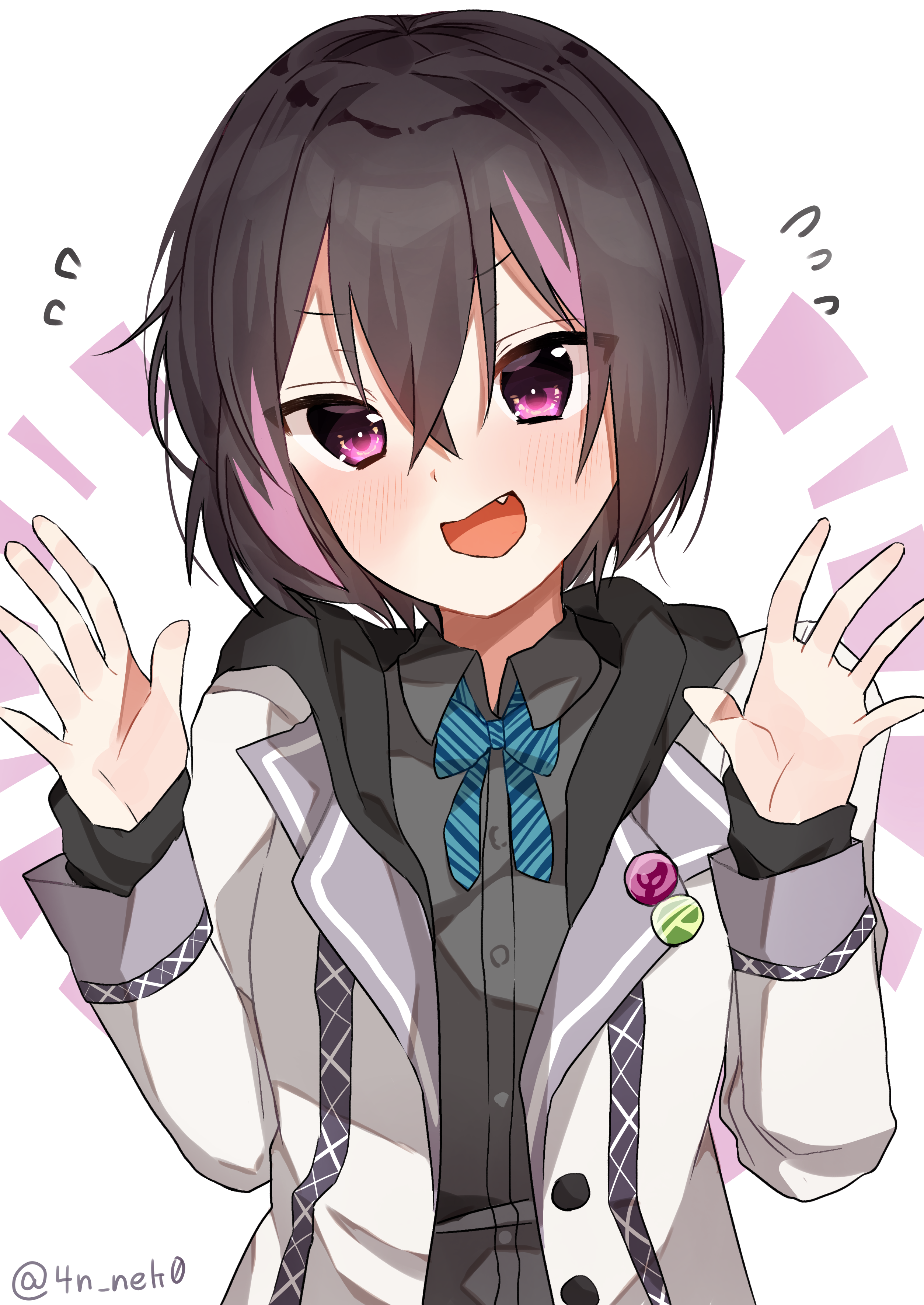 nekosuzu an, yuuki riku, ongeki, absurdres, highres, 1girl, asymmetrical legwear, belt, black hair, black shirt, black skirt, black thighhighs, blazer, blue bow, blue bowtie, bow, bowtie, breasts, collared shirt, crossed bangs, dress shirt, full body, hair between eyes, jacket, long sleeves, looking at viewer, miniskirt, mismatched legwear, multicolored hair, open mouth, pink hair, pleated skirt, purple eyes, school uniform, shirt, short hair, skirt, sleeves past wrists, small breasts, smile, socks, solo, streaked hair, striped clothes, thighhighs, two-tone hair, v-shaped eyebrows, white jacket
