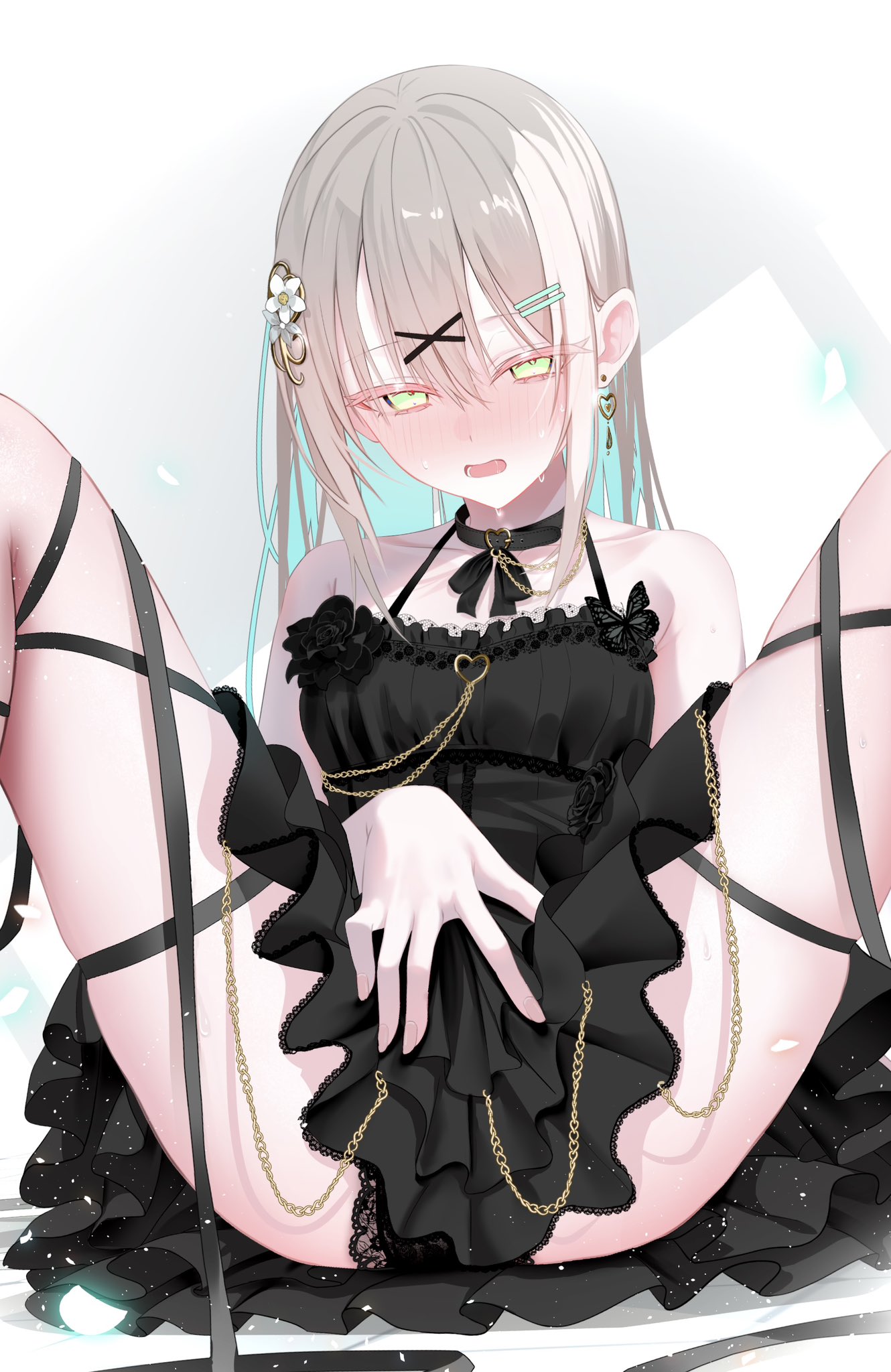 sajin (user pvrm4582), original, highres, 1girl, aqua hair, bare shoulders, black dress, black flower, black panties, black rose, blush, bow, bow choker, chain, choker, dress, earrings, flower, frilled dress, frills, gold chain, green eyes, grey hair, hair ornament, hairclip, half-closed eyes, jewelry, lace, lace-trimmed panties, lace trim, long hair, looking at viewer, m legs, multicolored hair, open mouth, panties, panty peek, ribbon, rose, single earring, sitting, solo, spread legs, sweat, thigh strap, two-tone hair, underwear