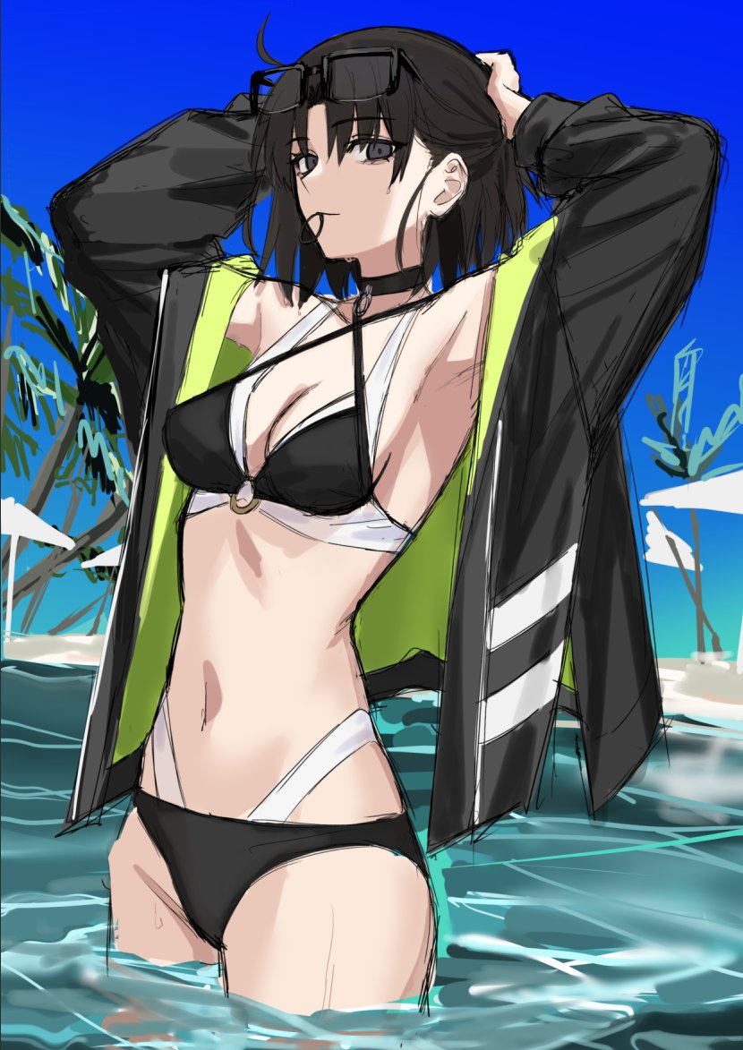 egomeshi, ryougi shiki, ryougi shiki (swimsuit mooncancer), fate/grand order, fate (series), 1girl, bikini, black choker, black eyes, black hair, breasts, choker, eyewear on head, glasses, jacket, looking at viewer, medium breasts, open clothes, open jacket, short hair, swimsuit, tying hair, water
