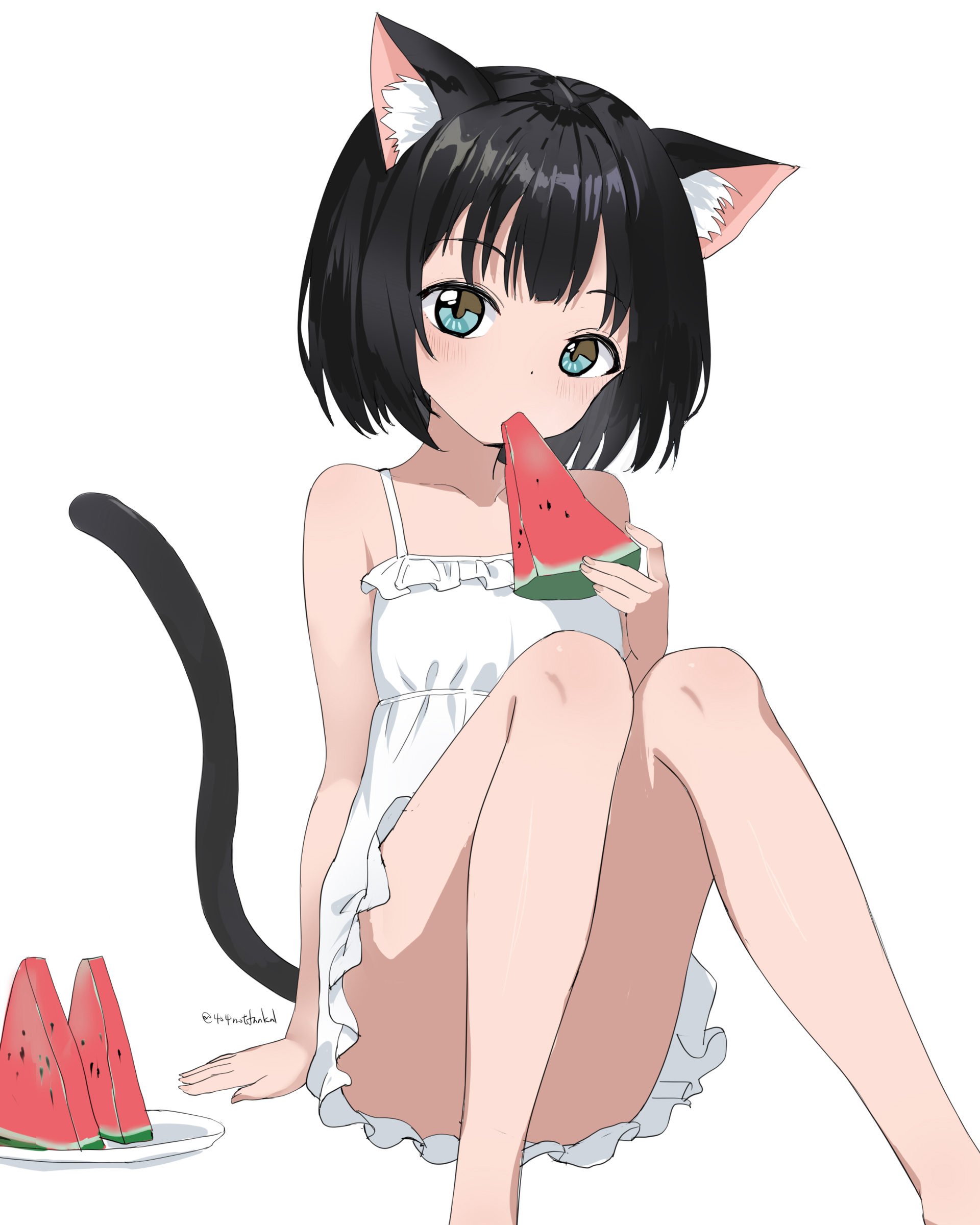 4o4 n0t fankal, original, absurdres, highres, 1girl, animal ears, aqua eyes, black hair, cat ears, cat girl, cat tail, convenient leg, dress, eating, food, fruit, looking at viewer, plate, short dress, short hair, simple background, sitting, sleeveless, sleeveless dress, sundress, tail, watermelon, watermelon slice, white background, white dress