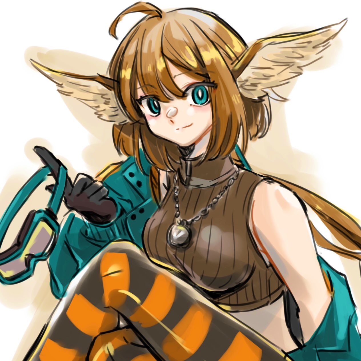 chomo o12, aciddrop (afternoon teatime) (arknights), aciddrop (arknights), arknights, commentary request, highres, 1girl, ahoge, animal ears, bare shoulders, bird ears, blue eyes, breasts, bright pupils, brown hair, gloves, goggles, holding, holding removed eyewear, jacket, jewelry, medium breasts, midriff, necklace, orange pantyhose, pantyhose, ribbed shirt, shirt, short hair, simple background, solo, striped clothes, striped pantyhose, unworn eyewear, white pupils