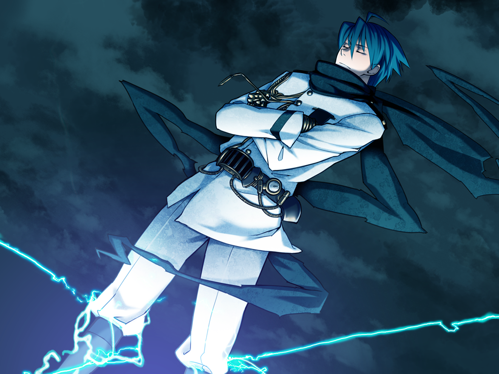 kome (vm500), ourai no gahkthun, steampunk (liarsoft), game cg, non-web source, ahoge, belt, blue hair, boots, closed eyes, expressionless, gloves, knee boots, male focus, mechanical gloves, nikola tesla (ourai no gahkthun), pants, scarf, solo
