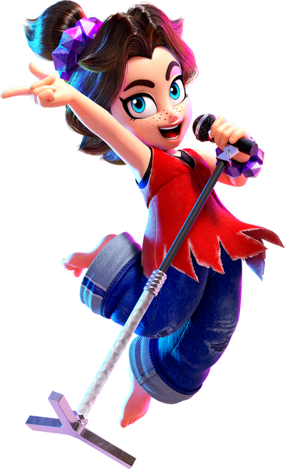pauline (mario), pauline (young) (mario), donkey kong (series), donkey kong bananza, nintendo, highres, official art, 1girl, arm up, armpits, baggy pants, bare shoulders, barefoot, blue eyes, brown hair, clenched hand, curtained hair, denim, eyelashes, feet, feet up, female focus, fingernails, flat chest, freckles, full body, hair intakes, hair ornament, hand up, happy, holding, holding microphone, index finger raised, jeans, jumping, lips, long hair, looking at viewer, microphone, microphone stand, pants, pants rolled up, parted bangs, shirt, side ponytail, sidelocks, sleeveless, sleeveless shirt, smile, spread toes, thick eyebrows, toenails, toes, topknot, transparent background, v-neck, wristband