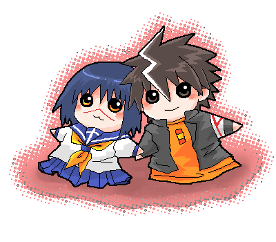 mutou kazuki, tsumura tokiko, busou renkin, lowres, 00s, blue hair, brown eyes, brown hair, scar, school uniform, serafuku, yellow eyes