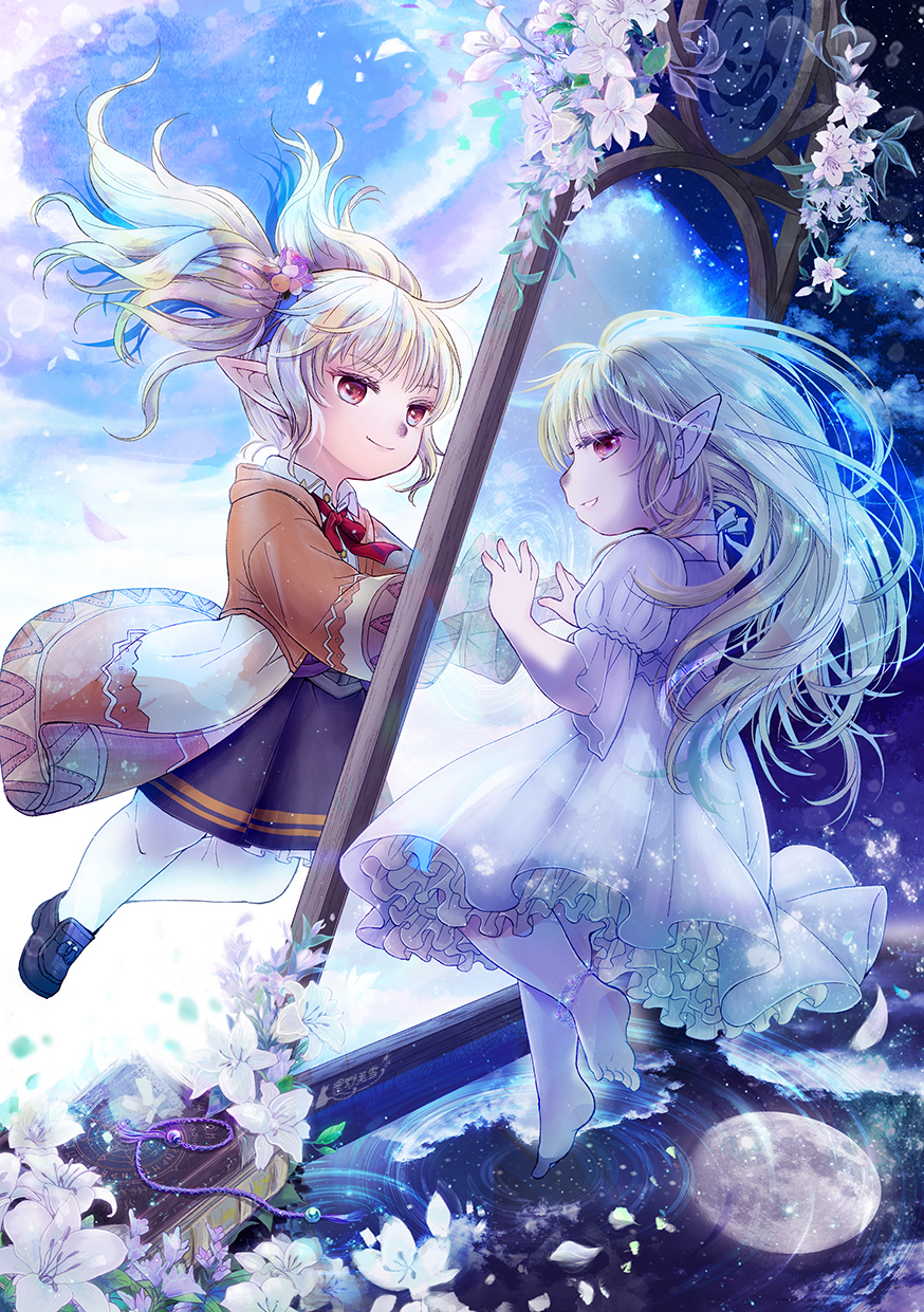 hoshino miyuki, shantotto, final fantasy, final fantasy xi, commentary request, highres, 2girls, barefoot, blonde hair, brown eyes, dress, dual persona, floating hair, flower, grin, jacket, long hair, looking at viewer, multiple girls, orange jacket, pantyhose, pointy ears, smile, tarutaru, twintails, white dress, white flower, white pantyhose