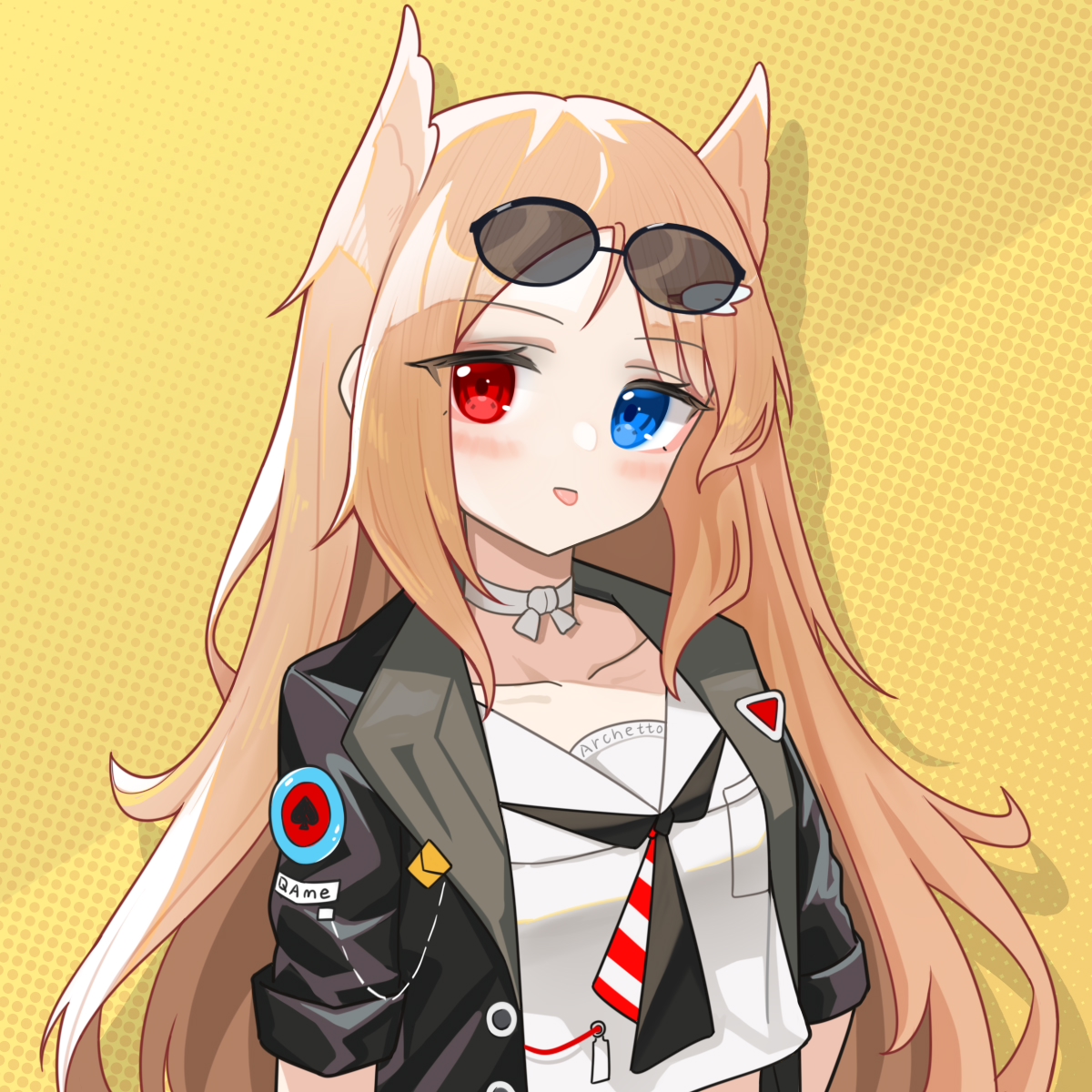 jiuyu qame, archetto (arknights), arknights, chinese commentary, commentary, highres, 1girl, :p, animal ears, artist name, black jacket, blue eyes, blush, brown hair, character name, choker, closed mouth, clothes writing, collarbone, crop top, cropped shirt, drop shadow, eyewear on head, heterochromia, jacket, long hair, looking at viewer, open clothes, open jacket, red eyes, shirt, short-sleeved jacket, short sleeves, solo, sunglasses, tongue, tongue out, upper body, white choker, white shirt, yellow background