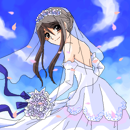 mutou mahiro, busou renkin, lowres, 00s, brown eyes, brown hair, dress, wedding dress