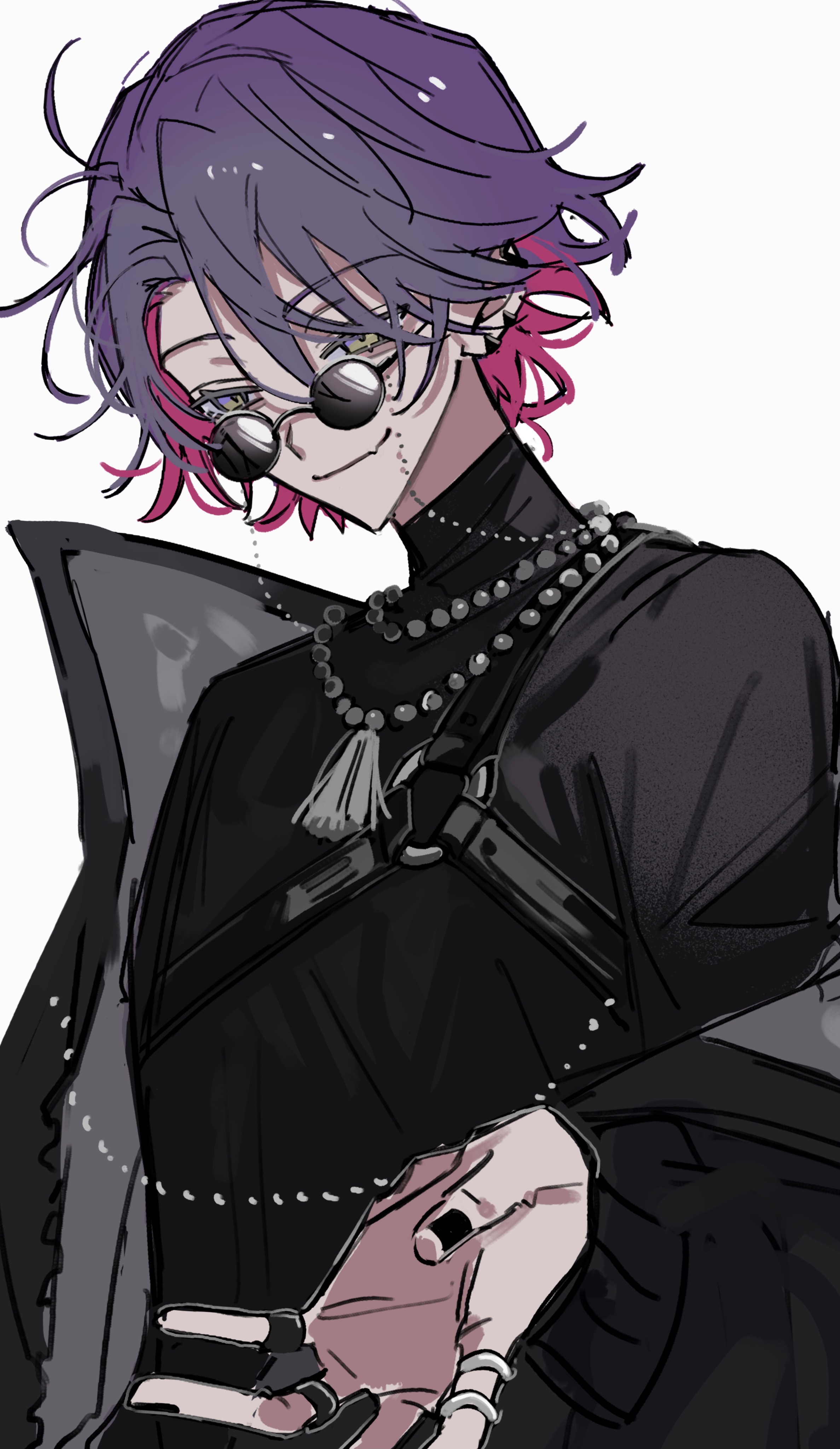 kesiks0616, nijisanji, absurdres, highres, 1boy, beads, black jacket, black nails, earrings, eyewear strap, glasses, hair between eyes, jacket, jewelry, long sleeves, male focus, mole, mole under mouth, multicolored hair, multiple rings, nail polish, necklace, open clothes, open jacket, pink hair, purple hair, ring, short hair, simple background, solo, sunglasses, tassel, upper body, virtual youtuber, white background