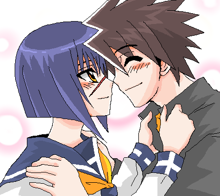 mutou kazuki, tsumura tokiko, busou renkin, lowres, 00s, blue hair, brown hair, scar, school uniform, serafuku, yellow eyes