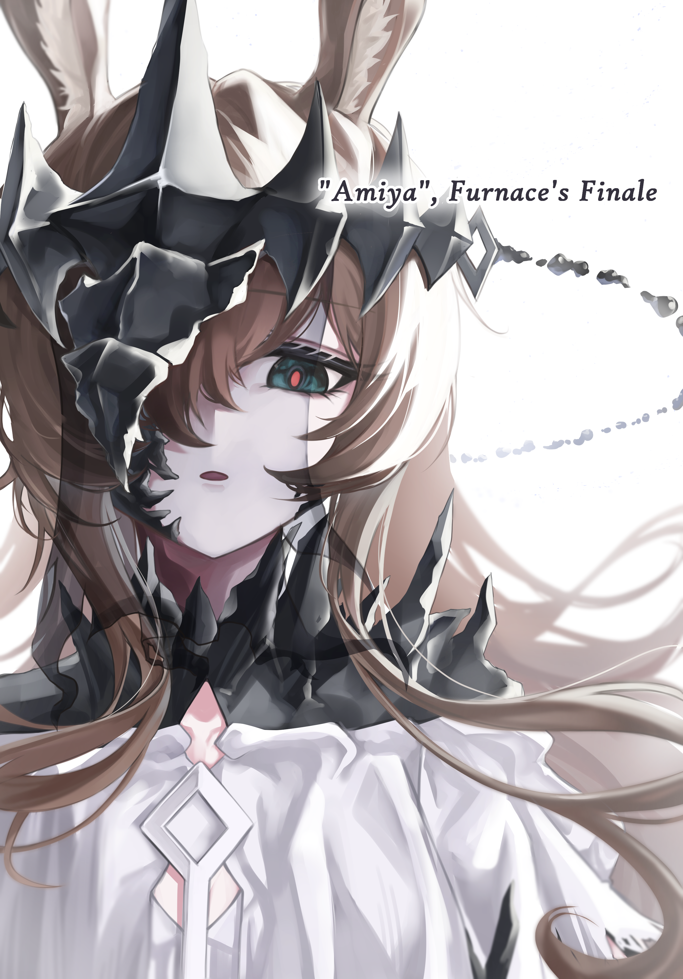 amiya (arknights), amiya (demon king) (arknights), arknights, absurdres, commentary request, highres, 1girl, animal ears, brown hair, civilight eterna, english text, floating hair, green eyes, hair over one eye, jogigae3706, long hair, looking at viewer, one eye covered, orange pupils, parted lips, portrait, simple background, solo, white background