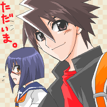 mutou kazuki, tsumura tokiko, busou renkin, lowres, 00s, blue hair, brown eyes, brown hair, scar, school uniform, serafuku, yellow eyes