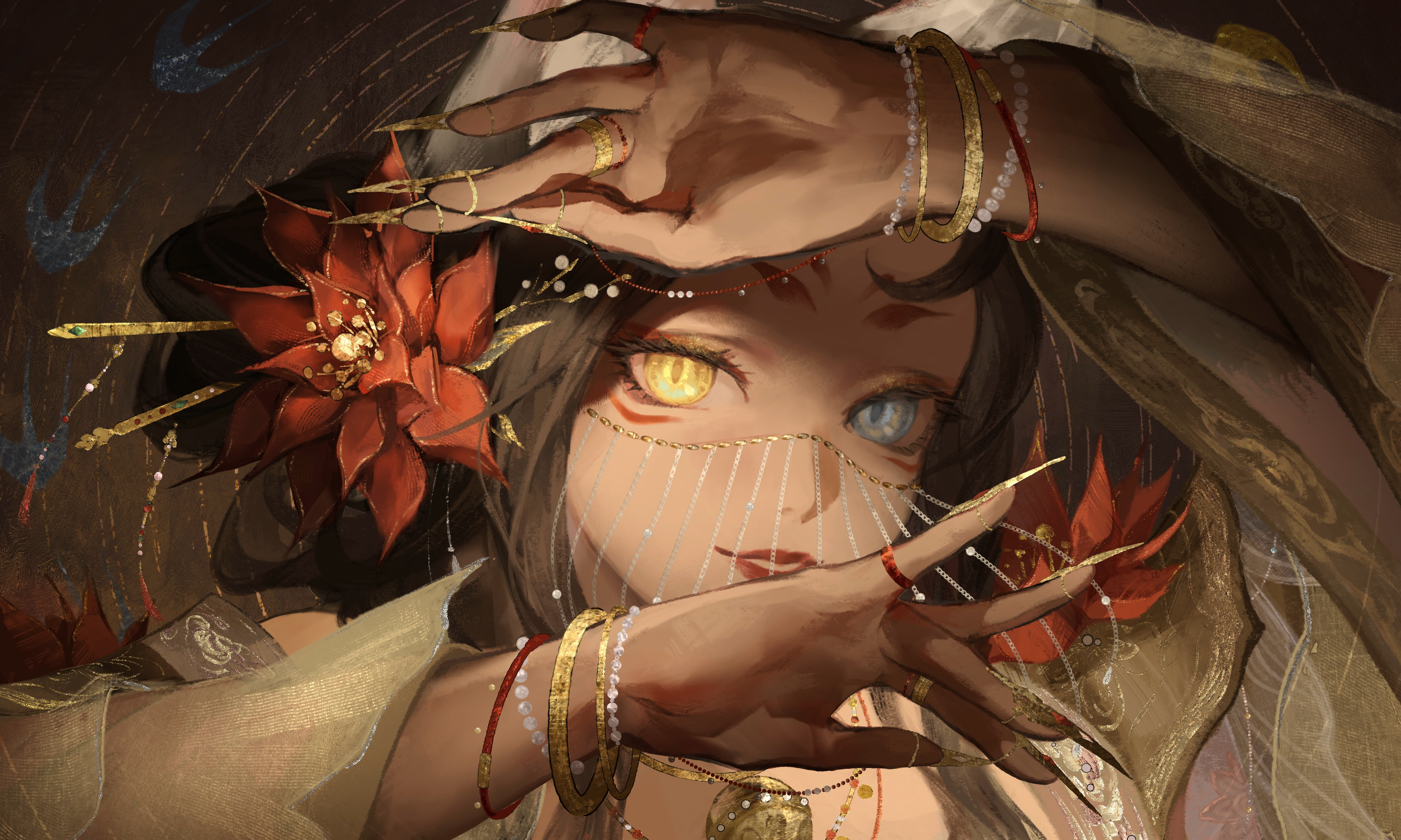 shijiu chong shan, infinity nikki, nikki (series), absurdres, chinese commentary, commentary request, highres, bead bracelet, bead necklace, beads, bell, black hair, blue eyes, bracelet, brown background, chinese hairpin, dark, dark-skinned female, dark skin, double bun, facepaint, fake nails, fingernails, flower, forever bond (infinity nikki), gold bracelet, hair beads, hair bun, hair flower, hair ornament, happy, heterochromia, jewelry, light smile, lipstick, long hair, long sleeves, lotus, makeup, mouth veil, multiple bracelets, neck bell, necklace, official alternate color, parted lips, red flower, red lips, ring, sharp fingernails, slit pupils, string, veil, white veil, wide sleeves, yellow eyes, yellow hanfu
