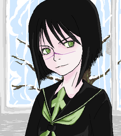 tsumura tokiko, busou renkin, lowres, 00s, black hair, green eyes, scar