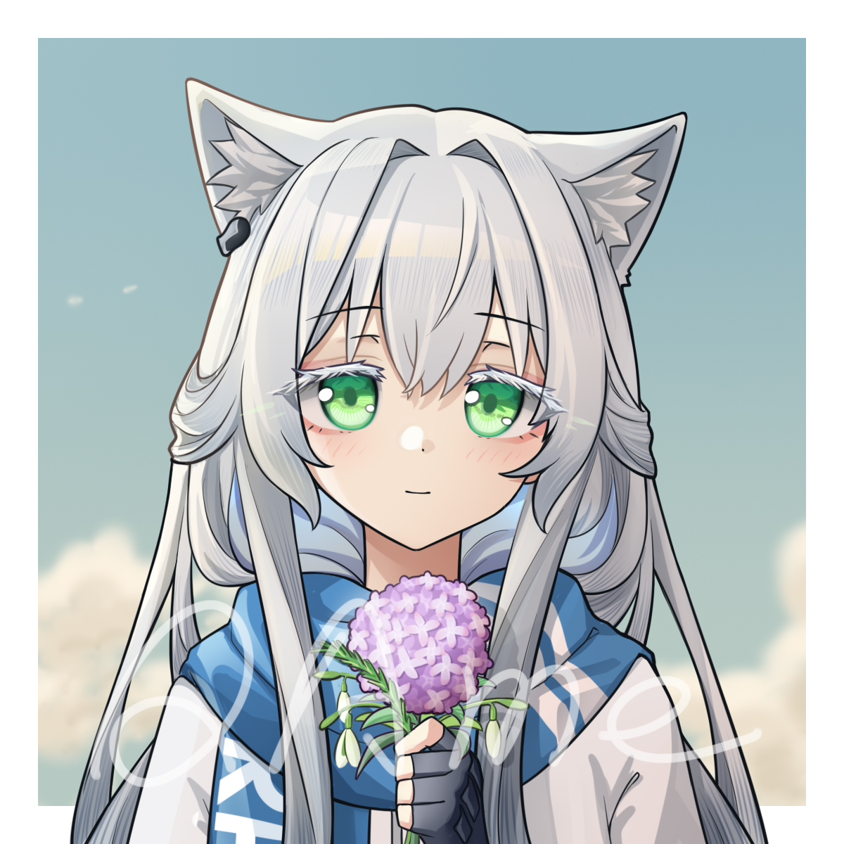jiuyu qame, rosmontis (arknights), arknights, chinese commentary, commentary, highres, 1girl, animal ear fluff, animal ears, artist name, black gloves, border, closed mouth, colored eyelashes, fingerless gloves, flower, gloves, green eyes, grey hair, hair between eyes, hair intakes, holding, holding flower, light blush, light smile, long hair, looking at viewer, outside border, purple flower, solo, upper body, watermark, white border