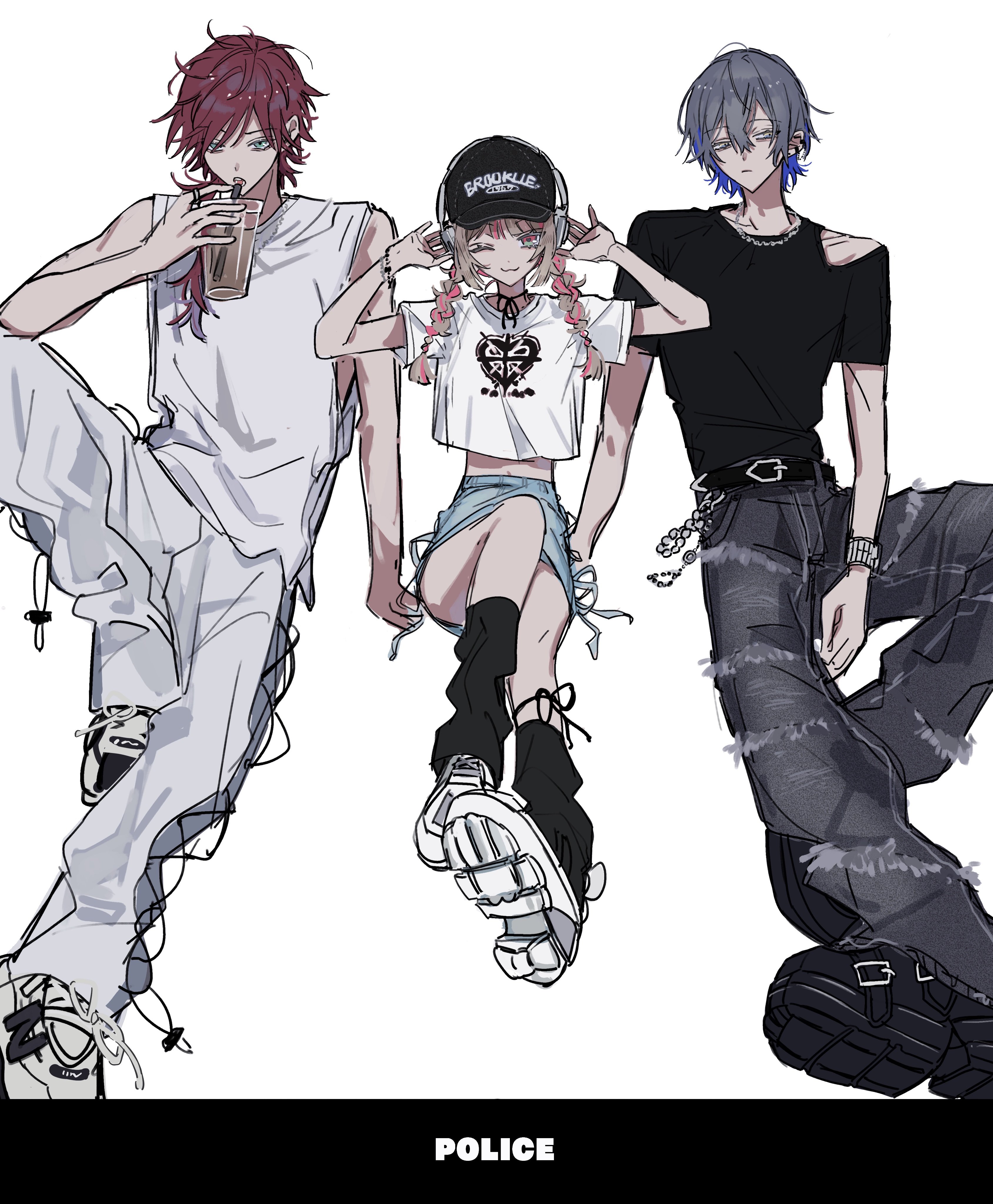 kesiks0616, koyanagi rou, nijisanji, absurdres, highres, 1girl, 2boys, baseball cap, belt, black pants, black shirt, bracelet, braid, chain, chain necklace, cup, denim, drinking, drinking straw, grey hair, hair between eyes, hat, holding, holding cup, invisible chair, jewelry, long hair, male focus, multiple boys, necklace, one eye closed, pants, pink hair, red hair, shirt, shoes, short hair, sitting, sleeveless, sneakers, tank top, torn clothes, twin braids, twintails, v, virtual youtuber, white background, white pants, white shirt