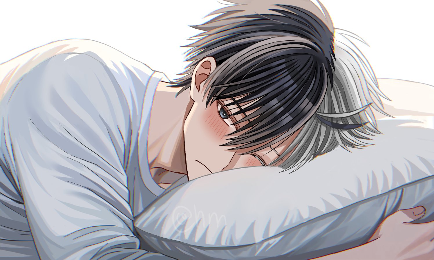 hyohls2 (hamao3o), sakura haruka (wind breaker), wind breaker (nii satoru), 1boy, black eyes, black hair, blush, closed mouth, grey hair, hugging object, long sleeves, male focus, multicolored hair, one eye closed, pillow, pillow hug, shirt, short hair, solo, split-color hair, two-tone hair, white background, white shirt