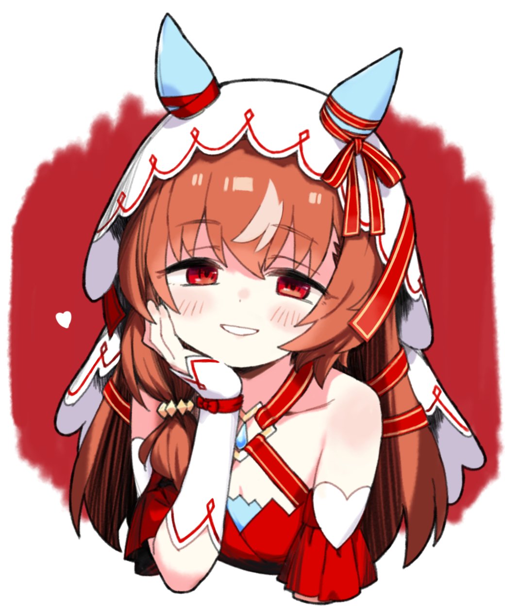 moru (monaka), still in love (umamusume), umamusume, highres, 1girl, animal ears, bare shoulders, breasts, cleavage, ear covers, horse ears, horse girl, long hair, looking at viewer, red background, red eyes, red hair, smile, solo, two-tone background, upper body, white background