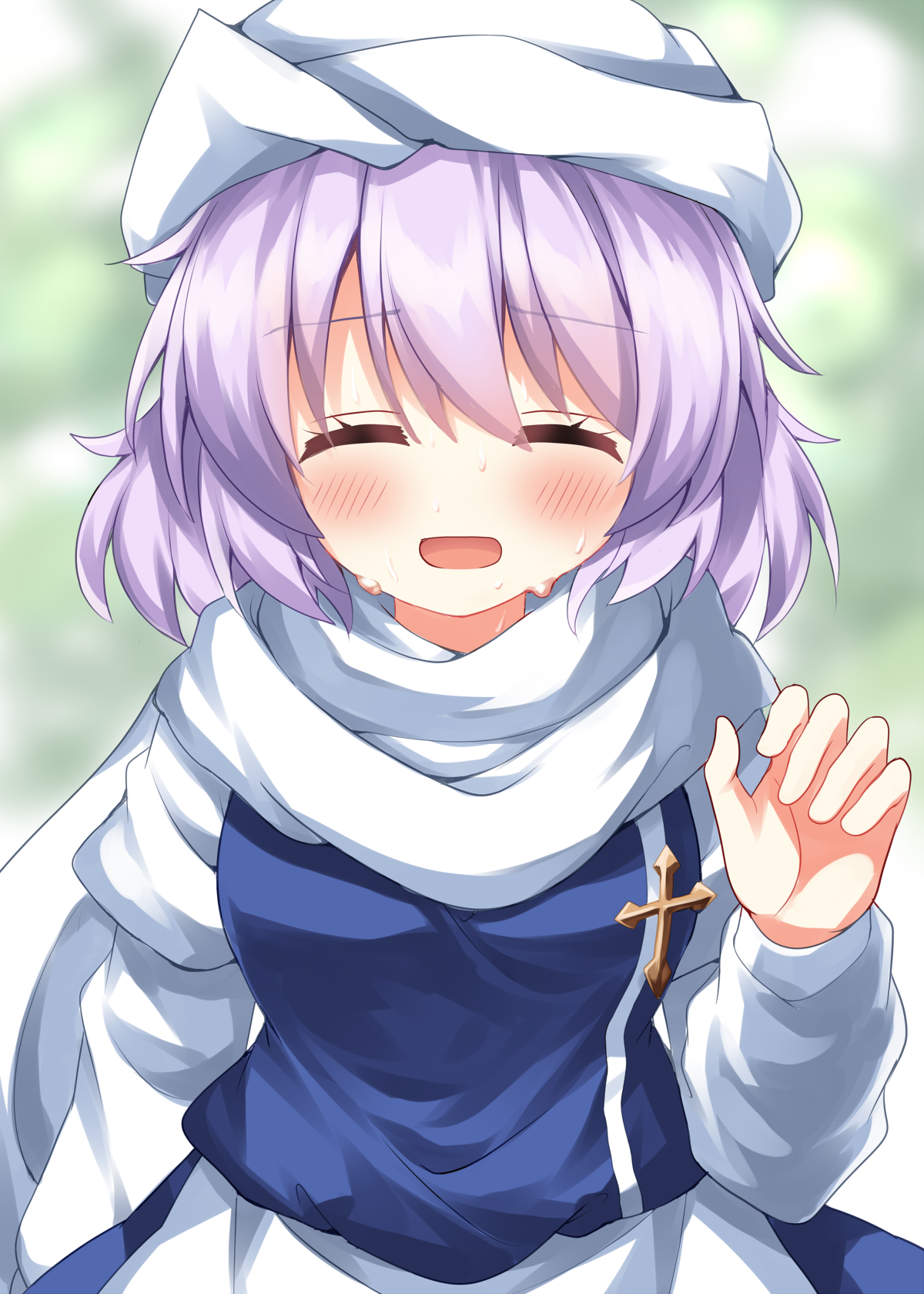 ruu (tksymkw), letty whiterock, touhou, commentary request, highres, 1girl, blue vest, blurry, blurry background, blush, closed eyes, facing viewer, hand up, hat, long sleeves, open mouth, purple hair, scarf, shirt, short hair, solo, upper body, vest, white hat, white scarf, white shirt