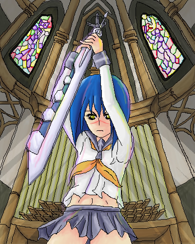 tsumura tokiko, busou renkin, lowres, 00s, blue hair, scar, school uniform, serafuku, valkyrie skirt, yellow eyes