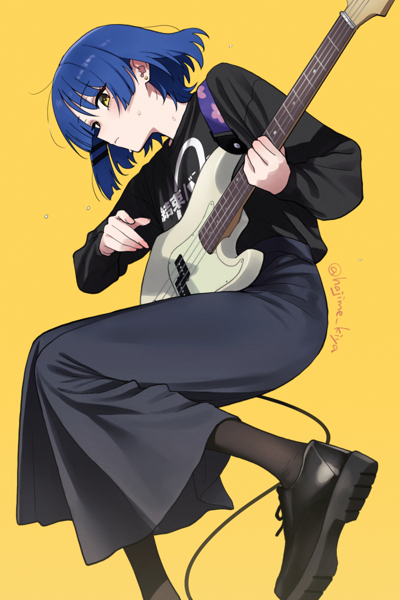 kiya hajime, yamada ryo, bocchi the rock!, commentary, english commentary, highres, 1girl, asymmetrical hair, asymmetrical sidelocks, bass guitar, black shirt, black shoes, black skirt, blue hair, cable, closed mouth, fender precision bass, from side, guitar strap, instrument, kessoku band logo, kessoku band t-shirt, loafers, long skirt, long sleeves, looking at viewer, mole, mole under eye, shirt, shoes, short hair, simple background, skirt, solo, sweat, twitter username, yellow background, yellow eyes