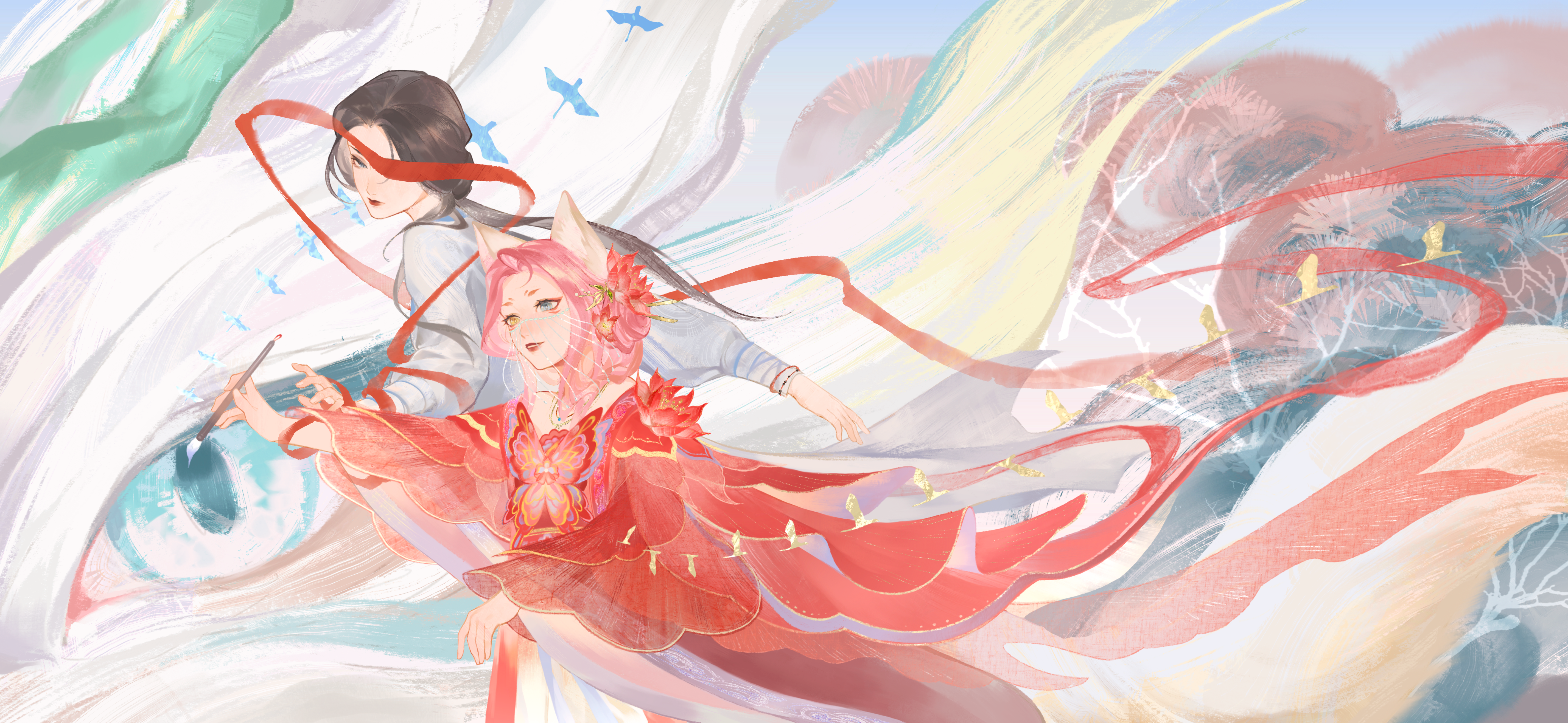 shijiu chong shan, miss bai (infinity nikki), nikki (nikki), white loong (infinity nikki), infinity nikki, nikki (series), absurdres, highres, 2girls, animal ears, animal print, blue eyes, blue sky, brown eyes, brown hair, butterfly print, chinese clothes, chinese hairpin, cliff, cowboy shot, dragon, eastern dragon, expressionless, floating clothes, flower, forever bond (infinity nikki), fox ears, fox girl, fox tail, hair flower, hair ornament, hair over shoulder, hanfu, heterochromia, holding, holding paintbrush, lipstick, long hair, long sleeves, long tail, lotus, low ponytail, makeup, mouth veil, multiple girls, no blindfold, one eye covered, paintbrush, parted lips, pink hair, ponytail, red flower, red hanfu, red lips, sky, smile, smoke, string, string of fate, sun, tail, tree, veil, white hanfu, white veil, wide sleeves, yellow eyes