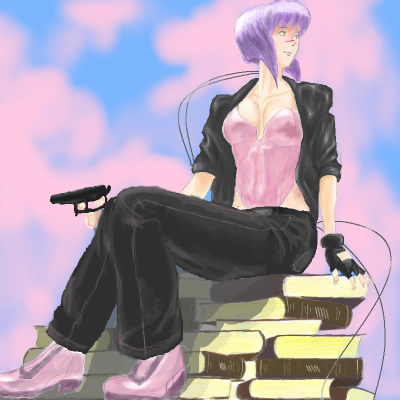 kusanagi motoko, tsumura tokiko, busou renkin, ghost in the shell, ghost in the shell: stand alone complex, lowres, 00s, 1girl, blue hair, book, crossover, female focus, gun, purple hair, scar, solo, weapon