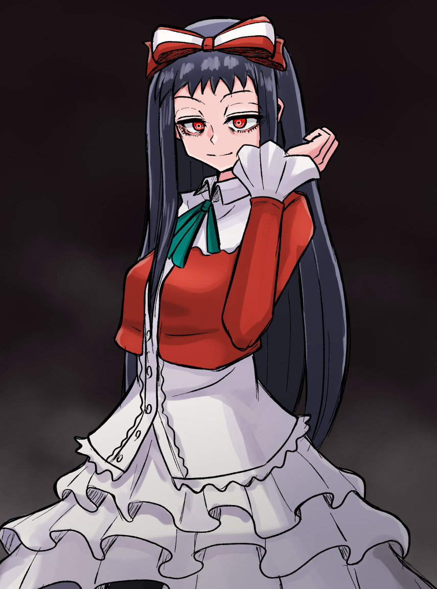 amon higu3106, higanbana (higanbana no saku yoru ni), higanbana no saku yoru ni, 1girl, black hair, blazer, bow, dress, frills, green ribbon, hair bow, jacket, long hair, red bow, red eyes, ribbon, simple background, smile, solo, striped bow, white dress