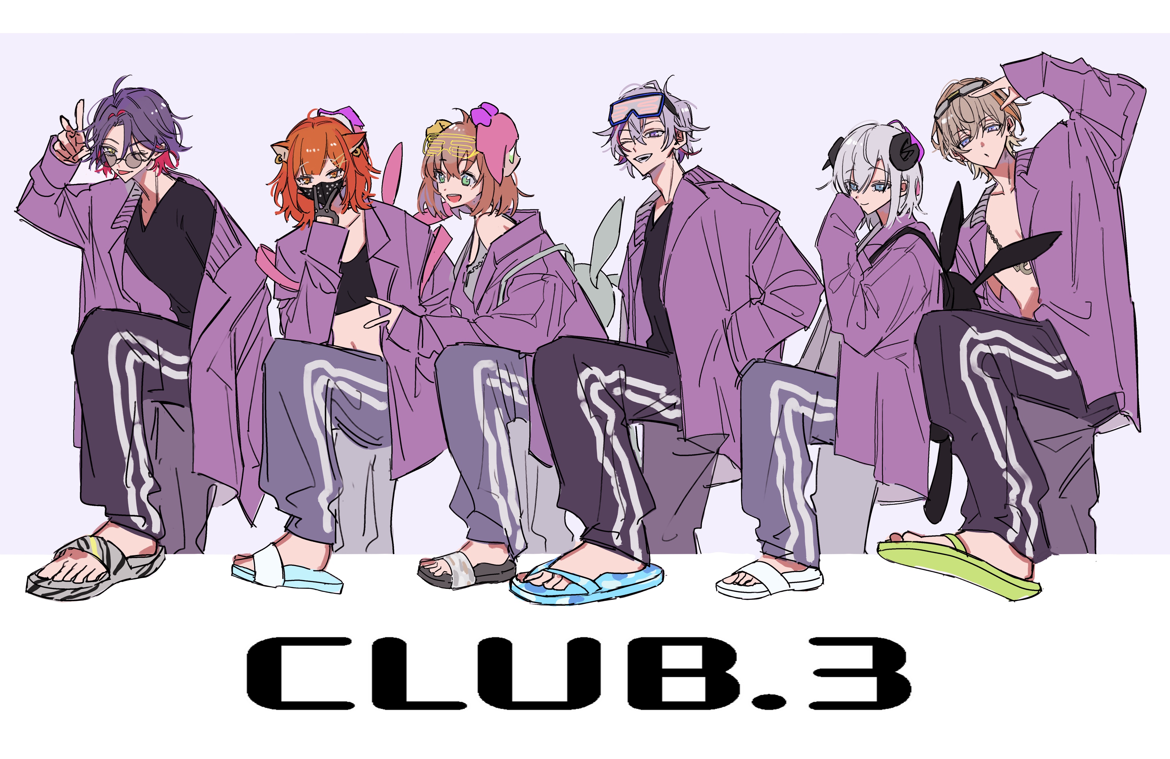 kesiks0616, fujimaru ritsuka (female), fura kanato, fuwa minato, honma himawari, ratna petit, watarai hibari, nijisanji, nijisanji gta, absurdres, highres, 3boys, 3girls, alternate costume, blonde hair, eyewear on head, glasses, grey hair, hair between eyes, horns, jacket, long hair, long sleeves, male focus, mask, mouth mask, multicolored hair, multiple boys, multiple girls, open clothes, pants, purple hair, purple jacket, red hair, sandals, shirt, short hair, sitting, smile, v, virtual youtuber, white background, white hair