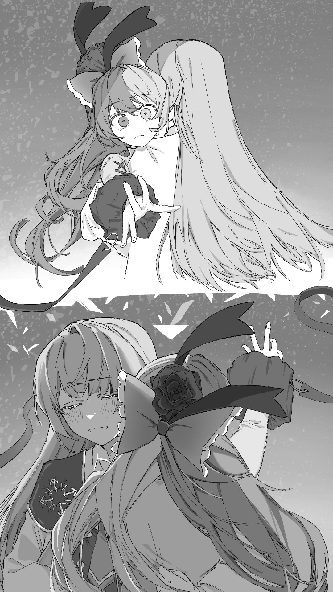 arcaea, highres, 2girls, bow, bowtie, closed eyes, collared shirt, cross, grin, hair bow, hug, insight (arcaea), long hair, maya (arcaea), monochrome, multicolored hair, multiple girls, multiple views, necktie, reaching, ribbon, shirt, single shoulder pad, sleeve cuffs, smile, square0507, two-tone hair, yuri
