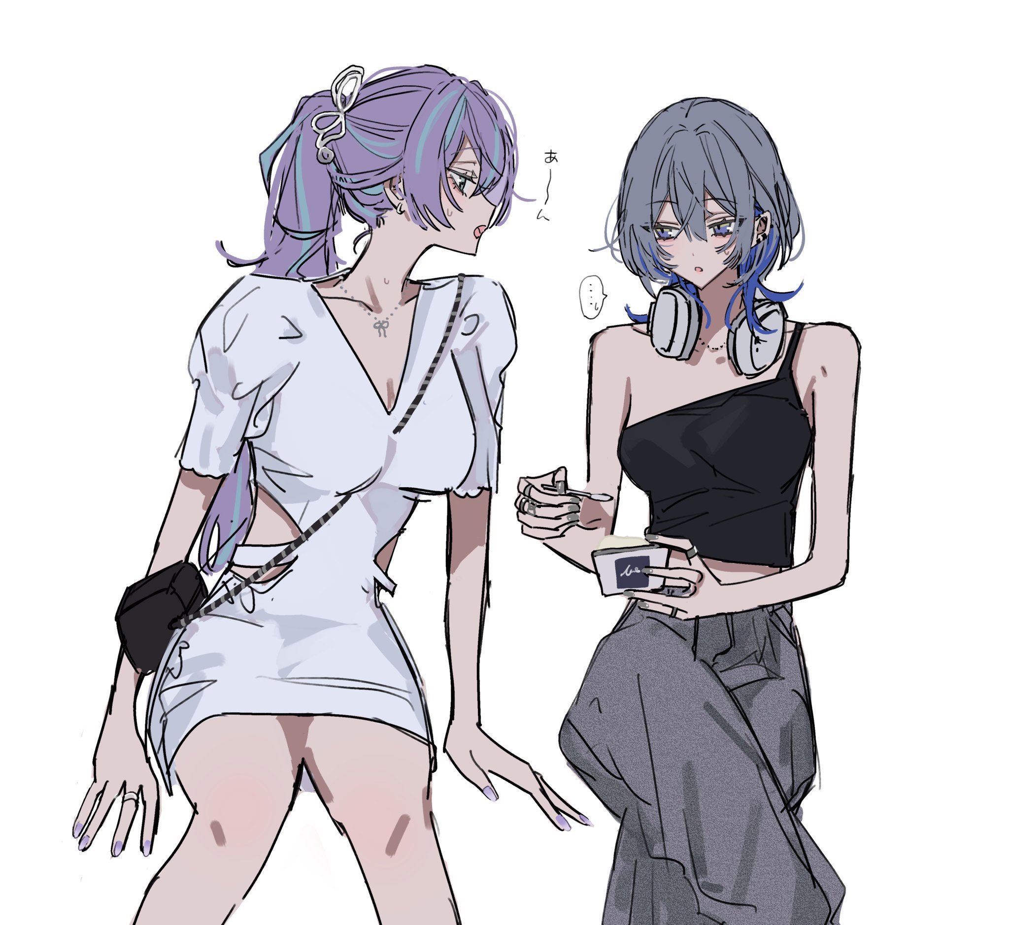 kesiks0616, nijisanji, highres, …, 2girls, bag, blue hair, breasts, collarbone, crop top, cup, dress, grey pants, handbag, headphones, headphones around neck, holding, jewelry, long hair, multicolored hair, multiple girls, pants, ponytail, purple hair, shirt, sitting, spoken ellipsis, streaked hair, tank top, virtual youtuber, white background, white dress