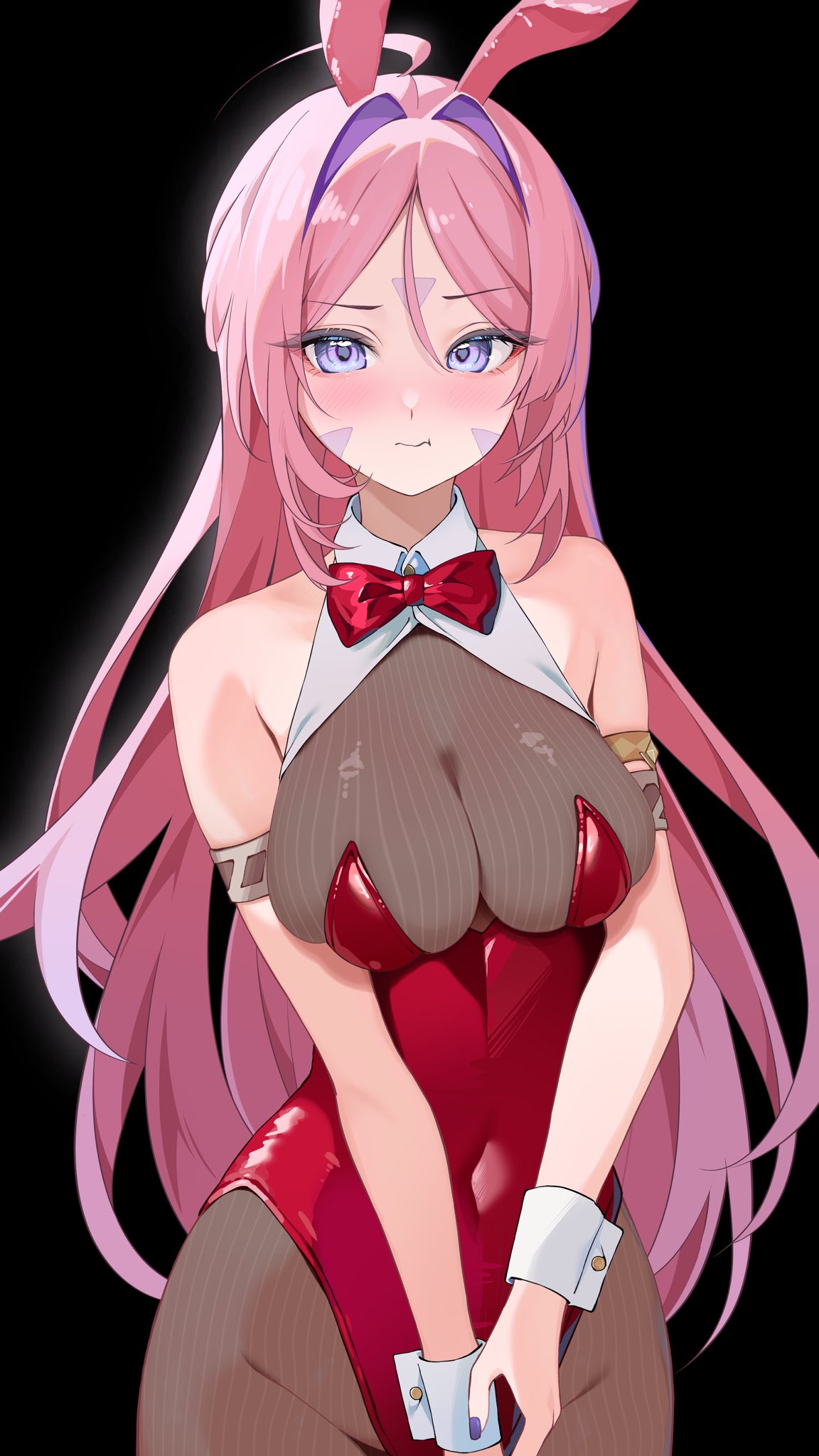 chobonu, citlali (genshin impact), genshin impact, highres, 1girl, alternate costume, animal ears, black background, blue eyes, blush, bow, bowtie, breasts, brown pantyhose, closed mouth, double-parted bangs, facial mark, forehead mark, forehead tattoo, leotard, long hair, looking at viewer, medium breasts, multicolored hair, pantyhose, pink hair, playboy bunny, purple hair, rabbit ears, red bow, red bowtie, red leotard, solo, tattoo, triangle, triangle facial mark, very long hair