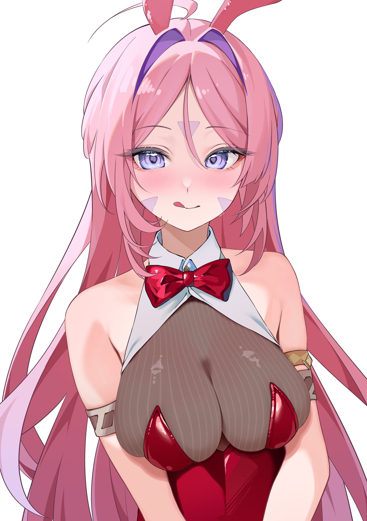 chobonu, citlali (genshin impact), genshin impact, highres, 1girl, :q, animal ears, blue eyes, blush, bow, bowtie, breasts, closed mouth, double-parted bangs, facial mark, forehead mark, leotard, long hair, looking at viewer, medium breasts, multicolored hair, pink hair, playboy bunny, purple hair, rabbit ears, red bow, red bowtie, red leotard, smile, solo, tongue, tongue out, triangle, triangle facial mark, very long hair, white background