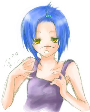 tsumura tokiko, busou renkin, lowres, 00s, 1girl, blue hair, female focus, scar, simple background, solo, yellow eyes