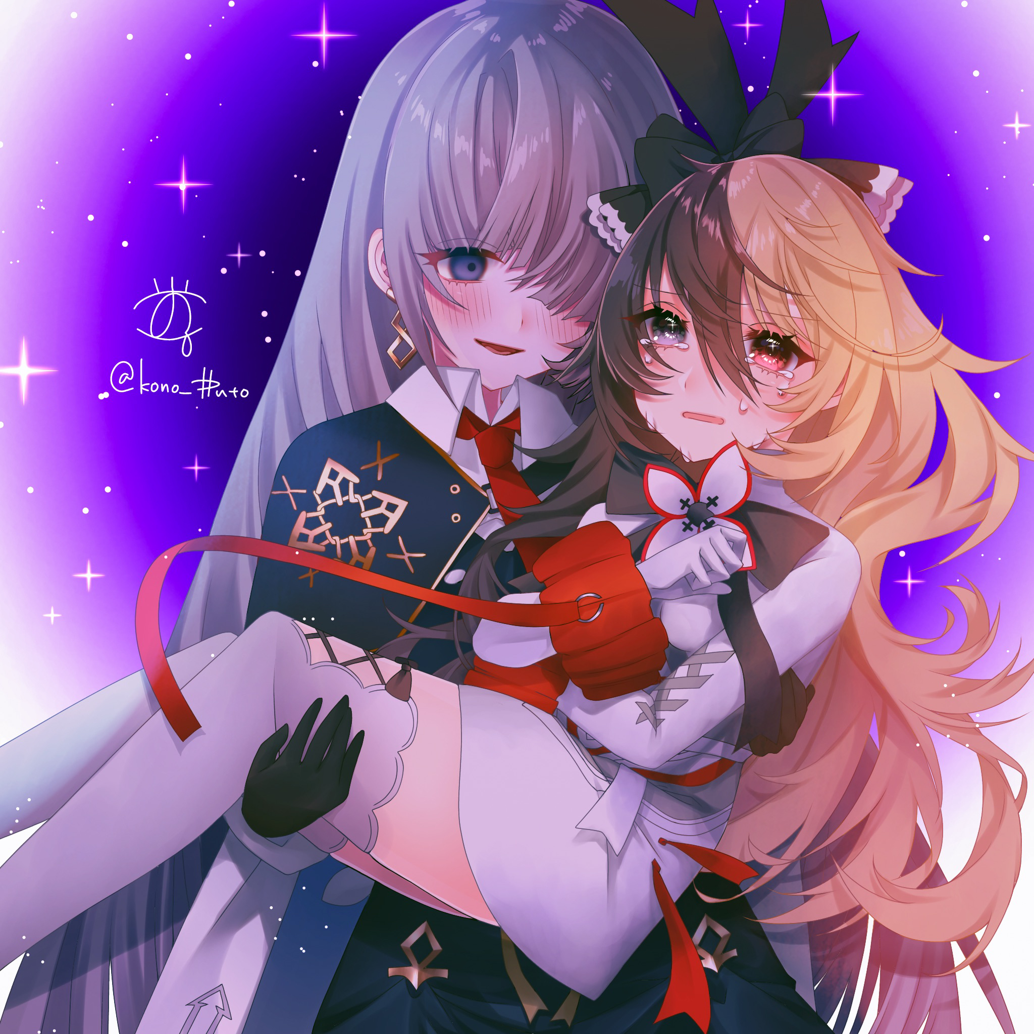 arcaea, highres, 2girls, black bow, black bowtie, black eyes, black gloves, black hair, black pantyhose, blonde hair, bow, bowtie, breasts, carrying, collared shirt, crying, earrings, flower, gloves, hair between eyes, heterochromia, insight (arcaea), jewelry, kono pluto, long hair, long sleeves, maya (arcaea), medium breasts, multicolored bow, multicolored hair, multiple girls, necktie, pantyhose, princess carry, purple eyes, red eyes, red necktie, red ribbon, ribbon, shirt, sidelocks, single shoulder pad, sleeve cuffs, tears, thighhighs, two-tone hair, upper body, very long hair, white background, white bow, white flower, white hair, white petals, white shirt, white sleeves, white thighhighs, yellow bow, yuri