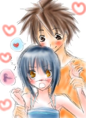 mutou kazuki, tsumura tokiko, busou renkin, lowres, 00s, blue hair, brown eyes, brown hair, scar, yellow eyes
