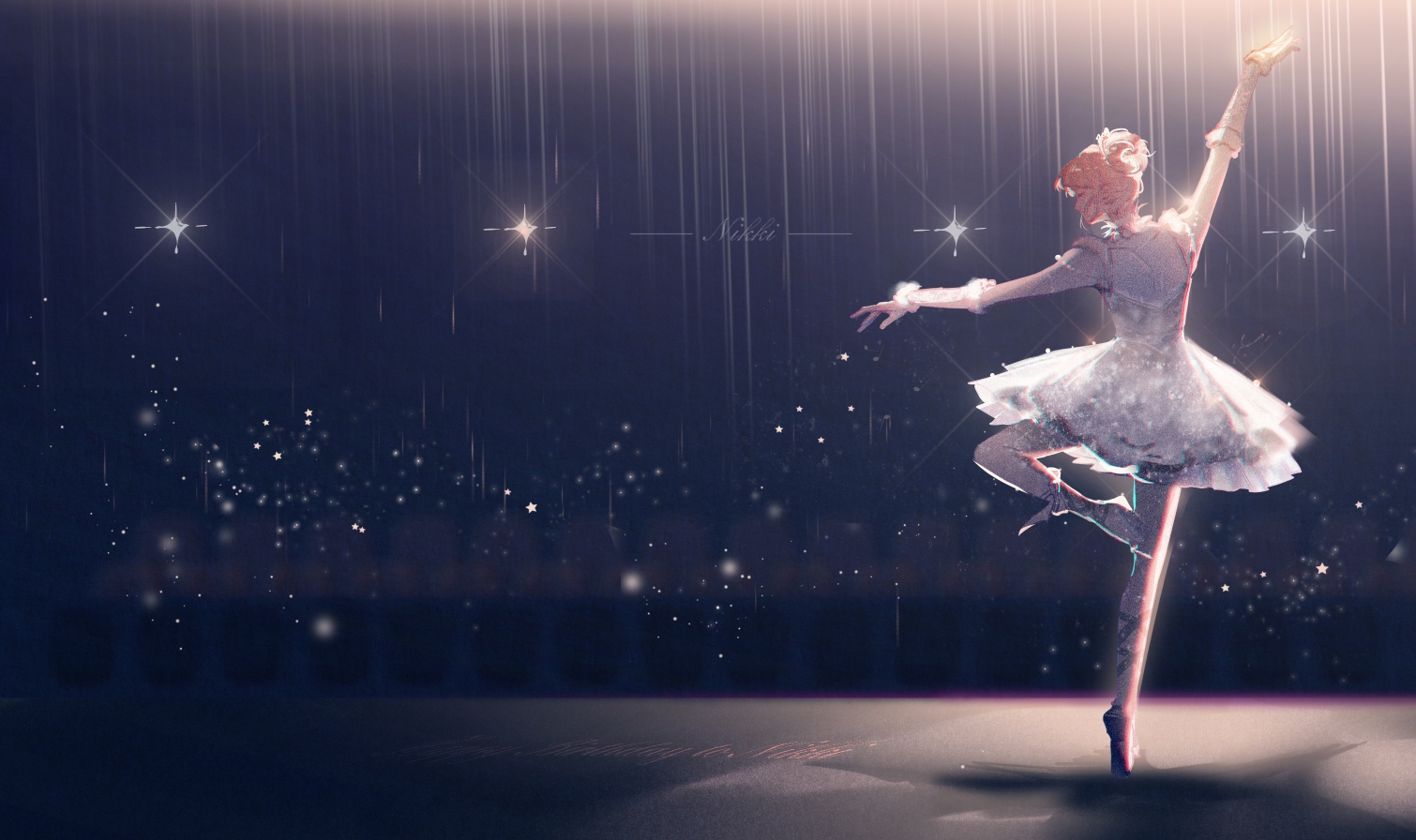 hq (876704940), nikki (nikki), nikki (series), shining nikki, 1girl, arm up, arm warmers, ballerina, ballet, ballet slippers, black sky, city, dancing, dress, feather hair ornament, feathers, frilled dress, frills, from behind, full body, fur-trimmed arm warmers, fur trim, glittering date (shining nikki), grey ribbon, grey shoes, hair bun, hair ornament, leg lift, leg up, light particles, night, night sky, outdoors, outstretched arms, pantyhose, pink hair, shoes, short dress, short hair, single hair bun, sky, sleeveless, sleeveless dress, solo, stage, tiptoes, tutu, updo, white arm warmers, white dress, white pantyhose