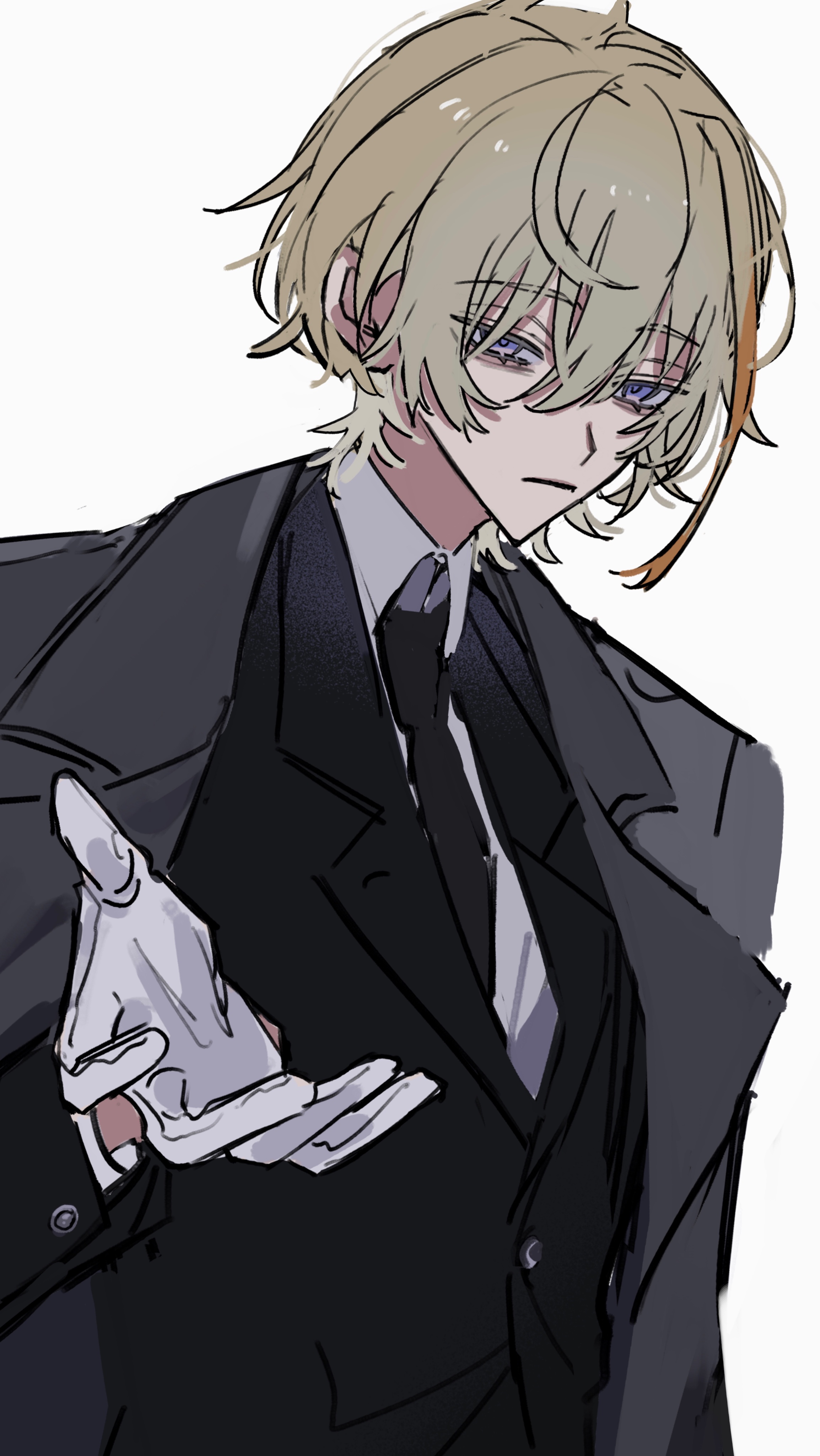 kesiks0616, nijisanji, absurdres, highres, black coat, black jacket, black necktie, blonde hair, coat, collared shirt, formal clothes, gloves, hair between eyes, jacket, long sleeves, male focus, multicolored hair, necktie, outstretched hand, reaching, reaching towards viewer, shirt, short hair, sketch, suit, upper body, virtual youtuber, white background, white gloves, white shirt