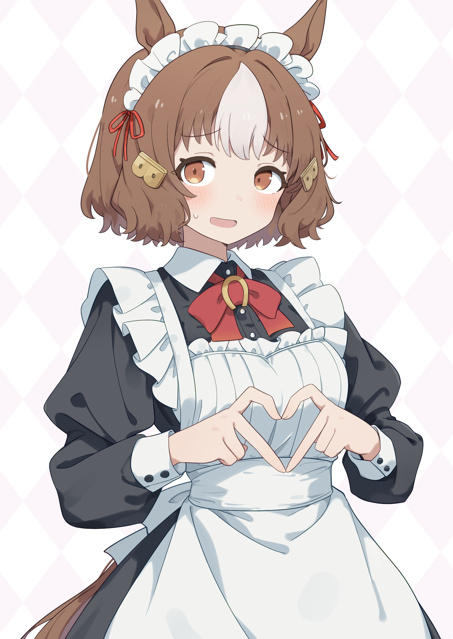 totomono, belno light (umamusume), umamusume, umamusume: cinderella gray, commentary request, highres, 1girl, alternate costume, animal ears, apron, argyle background, blush, brown eyes, brown hair, enmaided, heart, heart hands, horse ears, horse girl, horse tail, long sleeves, looking at viewer, maid, maid apron, maid headdress, open mouth, short hair, solo, tail