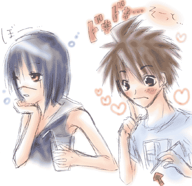 mutou kazuki, tsumura tokiko, busou renkin, lowres, 00s, blue hair, scar, yellow eyes