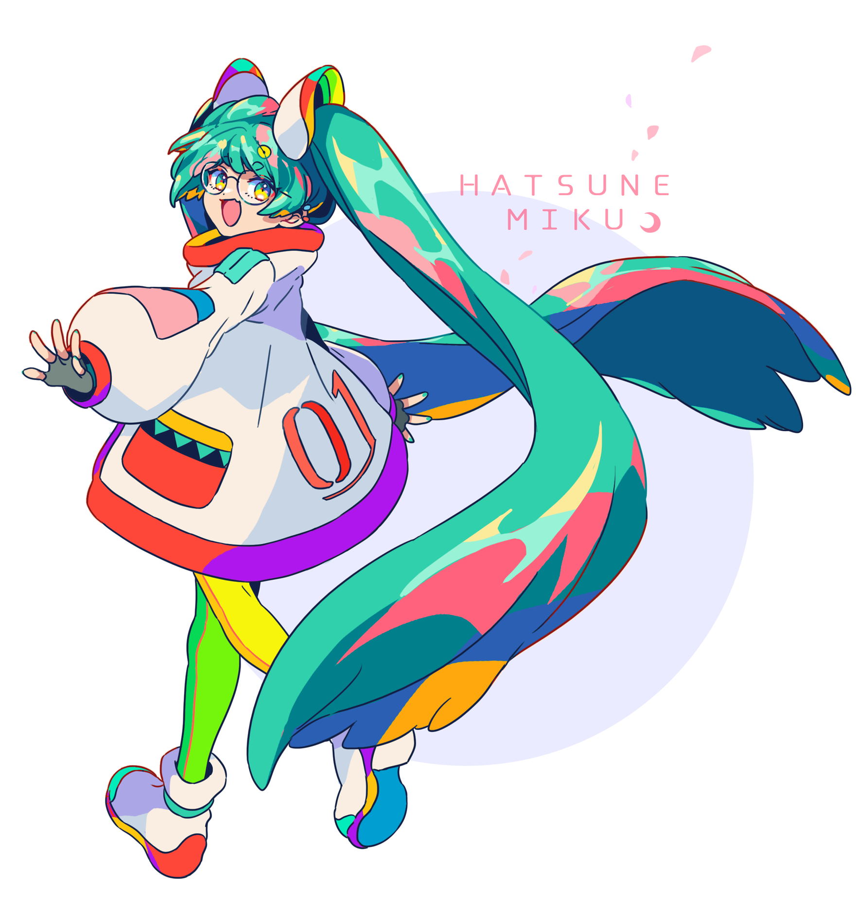 mizuki tsukimori, hatsune miku, vocaloid, commentary request, highres, 1girl, character name, coat, fang, fingerless gloves, full body, glasses, gloves, green pants, long hair, looking at viewer, looking back, open mouth, outstretched arms, pants, pocket, shoes, simple background, skin fang, solo, spread arms, standing, twintails, very long hair, white background, white coat, white shoes
